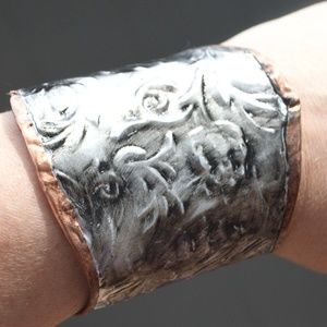 Rose Floral Silver Copper Embossed Gladiator Cuff Wide Handmade Victorian Armor